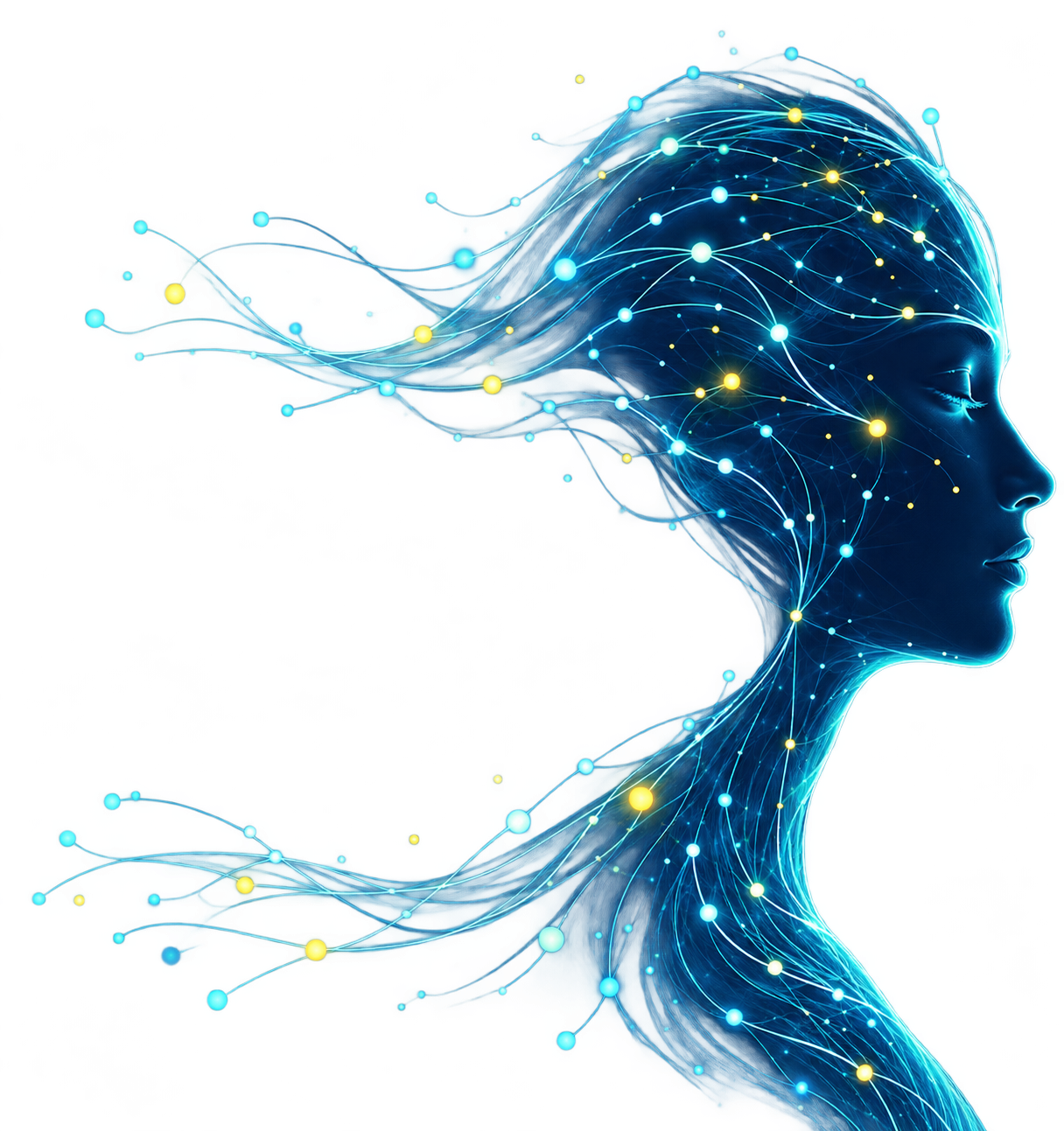 Woman in profile illustrated with flowing diagnostic signal lines