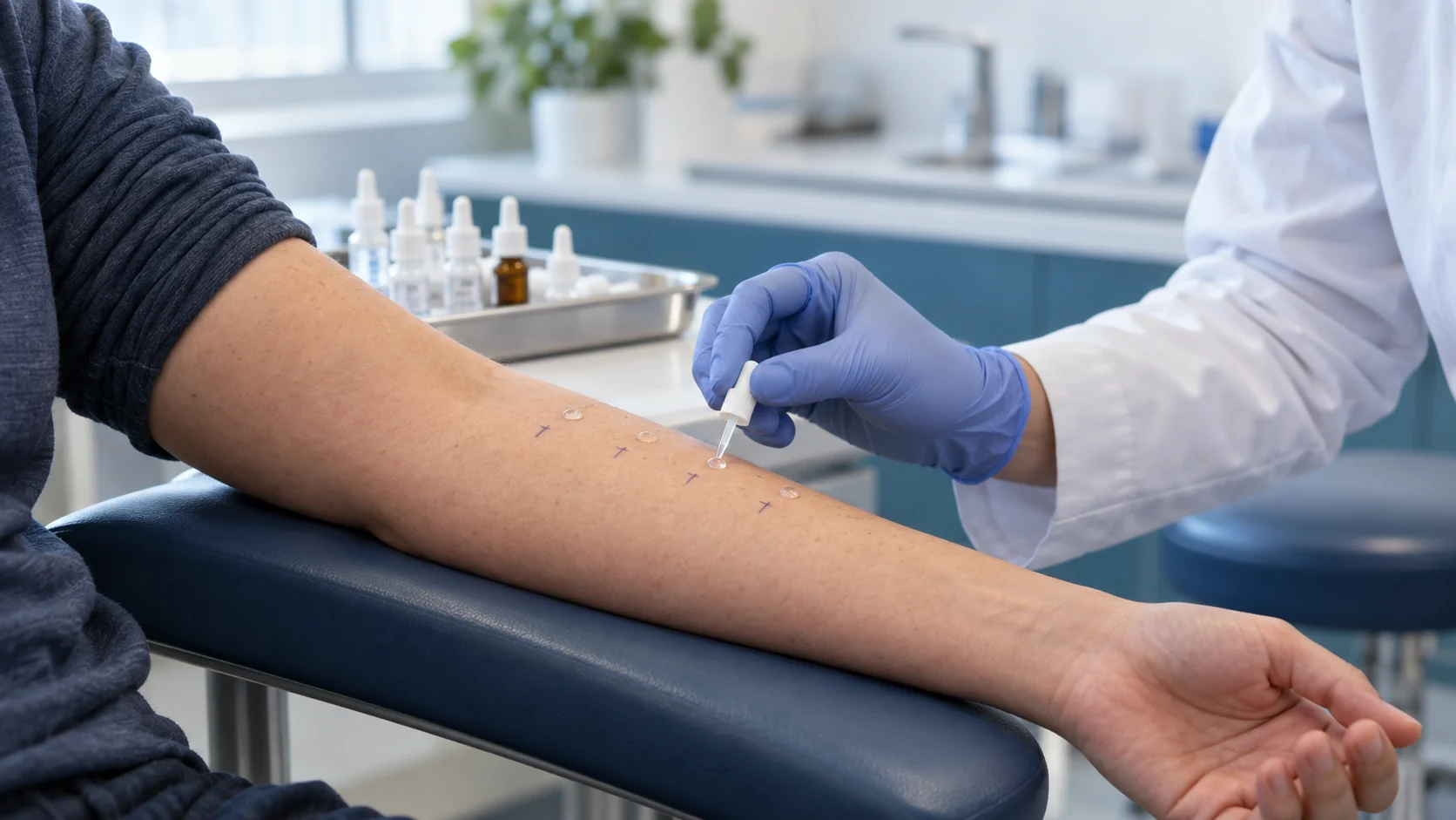 Clinician applying allergy test droplets to a patient's forearm