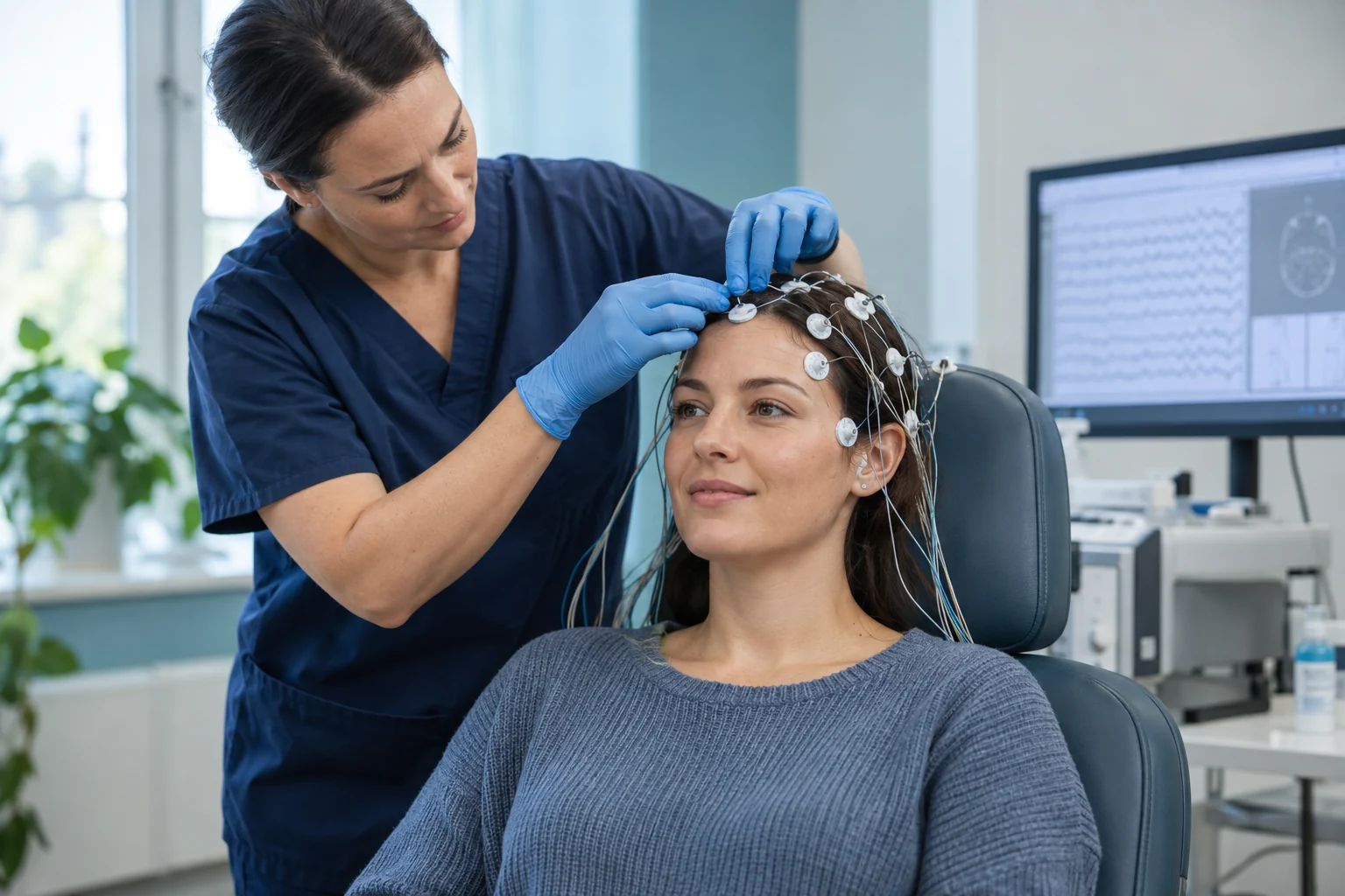 Clinician placing EEG electrodes on a patient's scalp