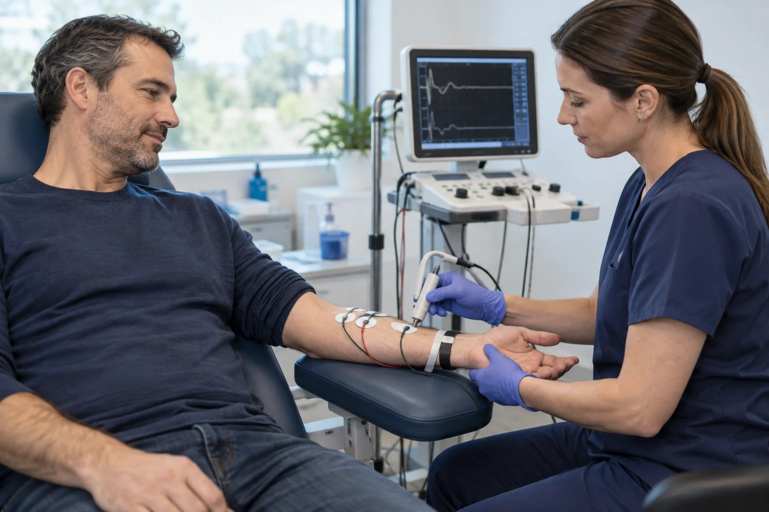 Clinician carrying out a nerve conduction study on a patient's arm